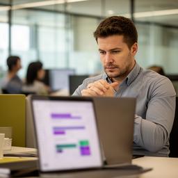 Analytics lead examining expense categories on a laptop in a Singapore office